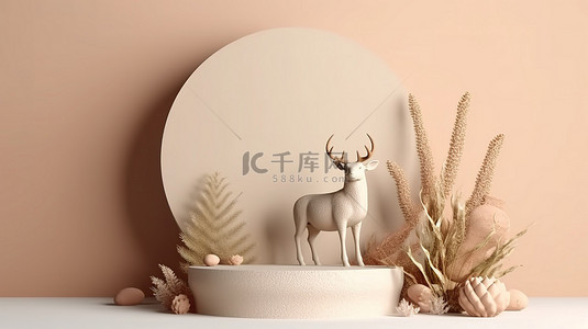 高级讲台工作室的 3D 渲染，鹿在柔和的奶油色和茂密的植物背景上