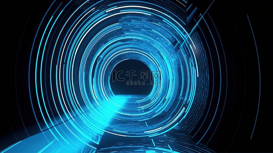 蓝色光束在发光 3D 渲染中创建圆形环形隧道
