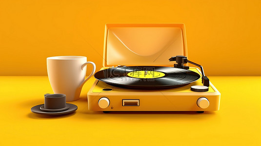 享受专业 DJ 转盘耳机和咖啡杯在充满活力的黄色背景上的声音 3D 渲染
