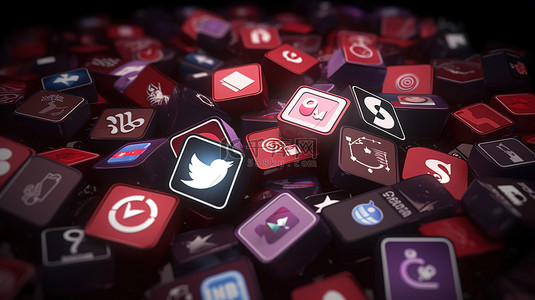 各种社交网络应用徽章以 3d 呈现在深红色背景上