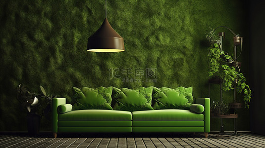 绿色客厅灯下沙发和枕头的 3D 渲染