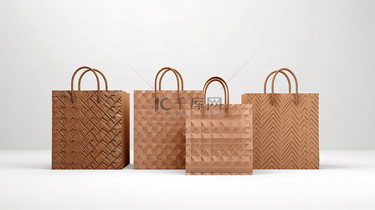 材料商店背景图片_白色背景图案的纸板购物袋的 3D 渲染