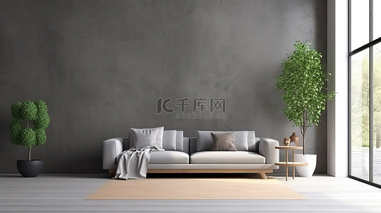 带白色木地板和灰色墙壁的简单客厅的 3D 渲染