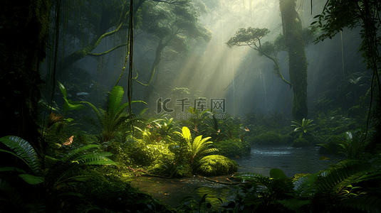 阳光热带森林光线水流植物叶子自然风景背景