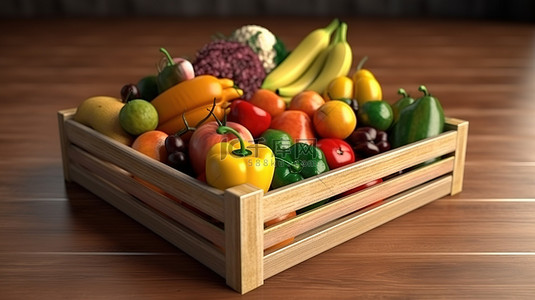 农产品背景图片_新鲜农产品质朴木箱的 3D 渲染