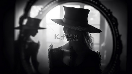 黑色故障背景图片_怪异的女巫剪影在镜子中扭曲，以黑白呈现，带有 3D 故障视觉效果