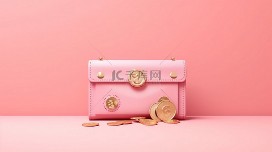3d 渲染的省钱目标钱包，里面装满了粉红色背景的硬币和纸币