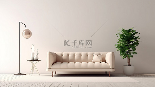 米色沙发背景图片_带米色沙发和 3D 渲染的客厅的现代室内设计