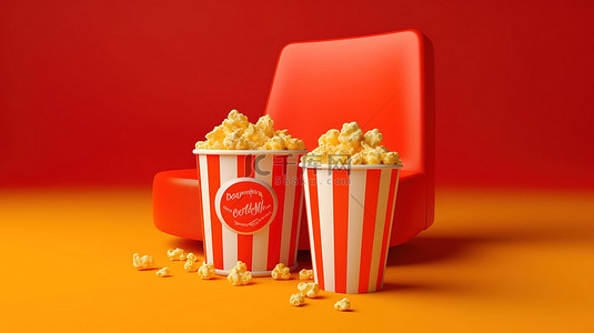 爆米花和饮料背景图片_带爆米花和饮料的电影院椅的 3D 渲染
