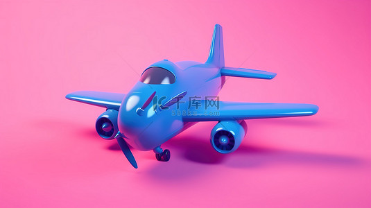 粉色背景，带有 3D 渲染的蓝色双色调卡通喷气式飞机玩具