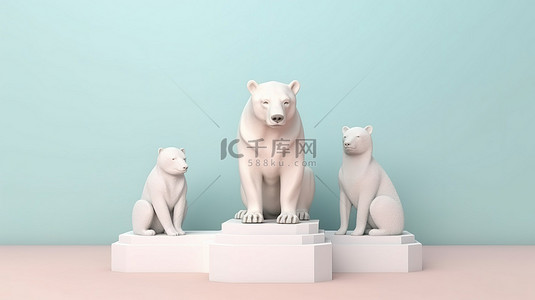 粉红小背景图片_底座上的北极主题小雕像和小雕像以柔和的背景为背景，以 3D 呈现创新理念