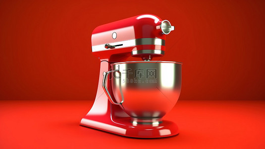 大胆红色背景 3d 渲染上的复古红色厨房搅拌机