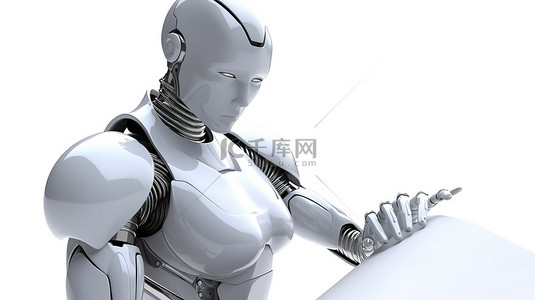 孤立的白色背景 3D 渲染女性机器人或持有空白白皮书的机器人