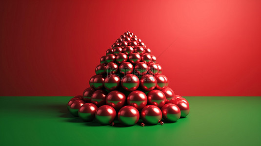 松枝圣诞球背景图片_3d 呈现绿色球形珍珠，形状为充满活力的红墙上的圣诞树
