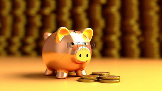 金色的猪背景图片_存钱罐中金色现金堆的 3d 渲染