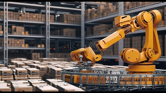 商城流程背景图片_未来派工厂设置仓库机器人传送带和机械臂 3D