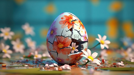 色彩绽放背景图片_春天的花朵围绕着破裂的复活节彩蛋，令人惊叹的 3D 渲染