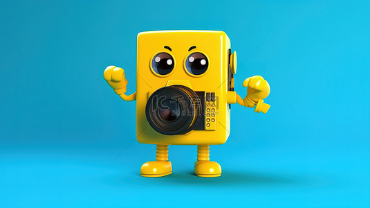 现代相机挥舞着蓝书吉祥物，在 3D 渲染的黄色背景下