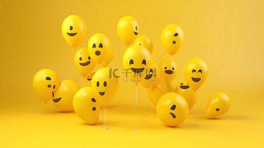 社交媒体黄色背景上 Facebook 反应表情符号的 3D 渲染气球符号