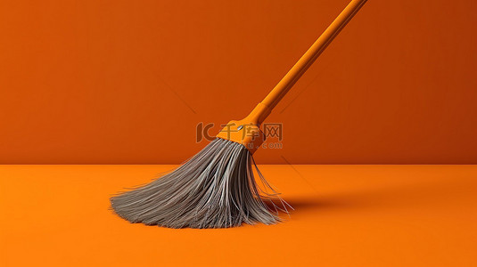 扫地小帮手背景图片_橙色背景下单色扫帚的 3d 渲染