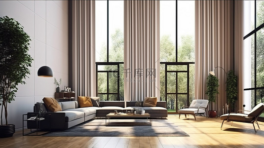 椅子海报设计背景图片_宽敞客厅的 3D 渲染插图，配有高天花板和大窗板
