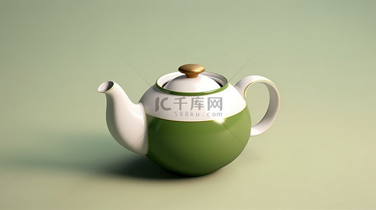 绿色和白色陶瓷茶壶的 3D 渲染，非常适合泡茶