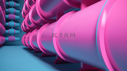 天然气管道的 3d 渲染钢管的蓝色侧视图，带有粉红色气瓶和阀门