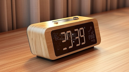 数字闹钟背景图片_木桌上木制太阳能数字闹钟的时尚 3D 渲染