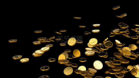黑色背景上层叠金币的 3D 渲染，具有充足的文本空间