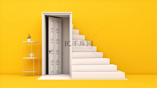 楼梯下楼梯背景图片_简约与想象力的结合，黄色背景下打开的白色门和楼梯的 3D 渲染