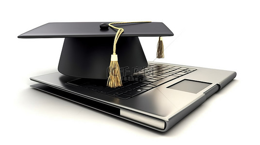 白色隔离背景上毕业帽和笔记本电脑的 3D 插图