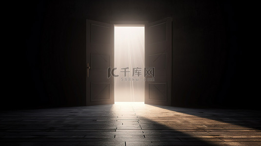 灯塔光背景图片_光芒四射的灯塔透过敞开的门口射入漆黑的空间 3D 计算机生成的图像