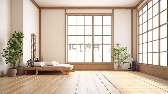 日式卧室室内 3D 渲染木地板与白墙背景