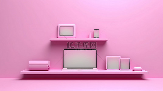粉红色墙架上的数字设备笔记本电脑手机平板电脑和电脑 3D 插图