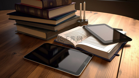读书的背景图片_3d 渲染中的数字平板电脑和印刷书籍