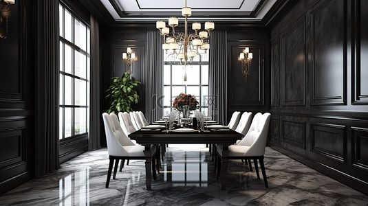 优雅的餐厅配有黑色时尚的深色家具白色大理石地板和充足的日光 3D 渲染