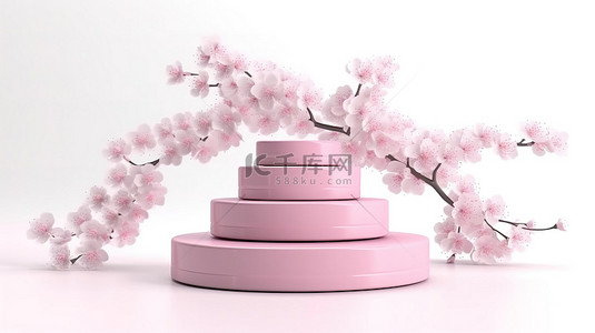 柔和的粉红色樱花和现代讲台在干净的白色背景上完美地展示您的品牌或产品在 3D 渲染插图