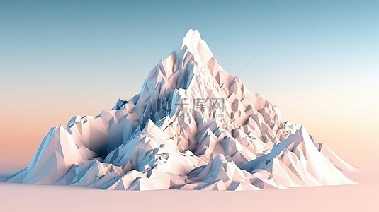 一座山的 3D 渲染，采用低多边形设计，山顶有闪闪发光的白色冰川