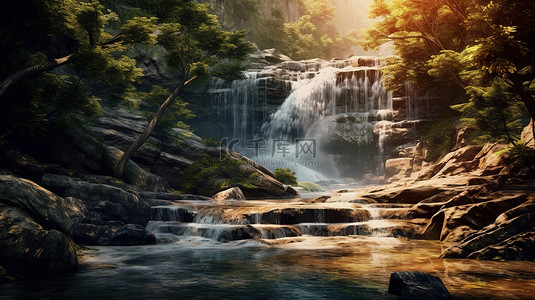 山水风光背景图片_巨大的流动瀑布从森林覆盖的山坡上倾泻而下的 3D 插图