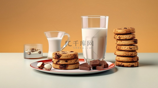 牛奶巧克力饼干和一杯牛奶诱人的 3d 早餐横幅