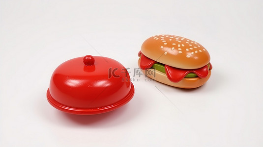 白色背景上的单色微型快餐汉堡包和热狗的 3d 图标，呈平红色