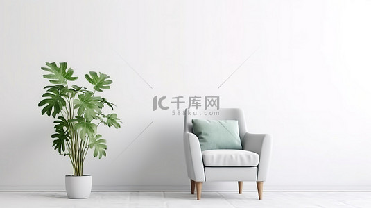 模拟背景背景图片_绿色扶手椅和鲜花装饰的客厅，配有白墙模拟背景 3D 渲染