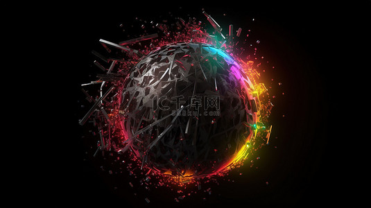 科技球体背景图片_从 3d 渲染中的暗球体发射的彩色粒子说明了高科技的速度和信息传输