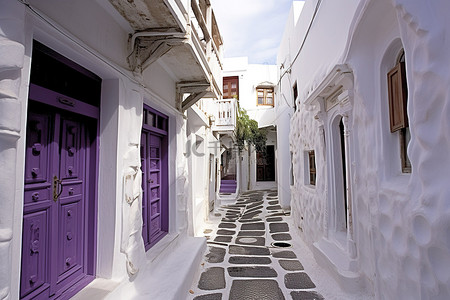 一条狭窄的小巷，有白色的建筑和紫色的门