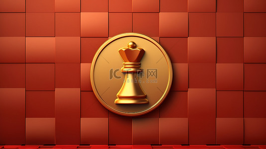 皇家国际象棋皇后红色哑光板上的 3D 渲染金色图标