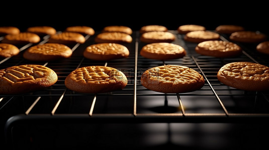黑色背景下金属烤架或烤箱网格上生姜饼干的 3D 渲染