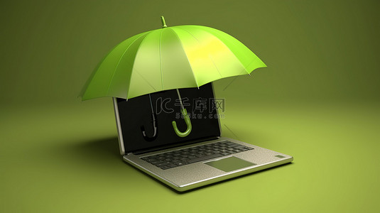绿伞遮蔽笔记本电脑 3d 渲染图像