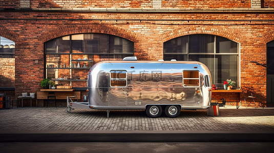 卡咖啡背景图片_砖墙前带有气流大篷车的食品卡车的 3D 渲染