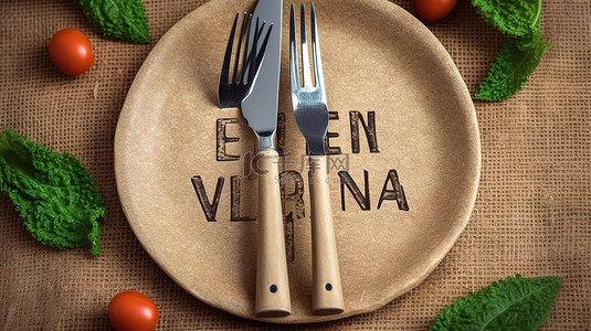 纸板背景上的素食印章餐具和橡皮图章象征着餐饮业 3D 渲染