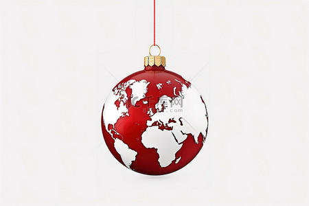 透明背景上带有世界地球仪的红色和白色圣诞装饰品